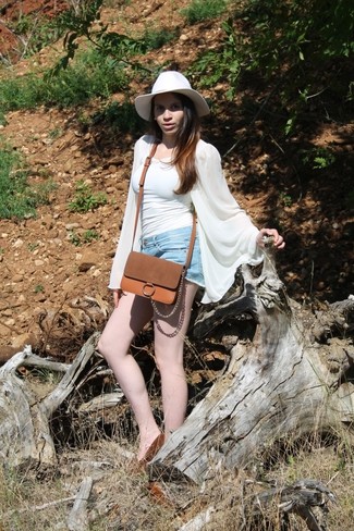 Women's White Silk Long Sleeve Blouse, Light Blue Denim Shorts, Brown Suede Loafers, Brown Suede Crossbody Bag