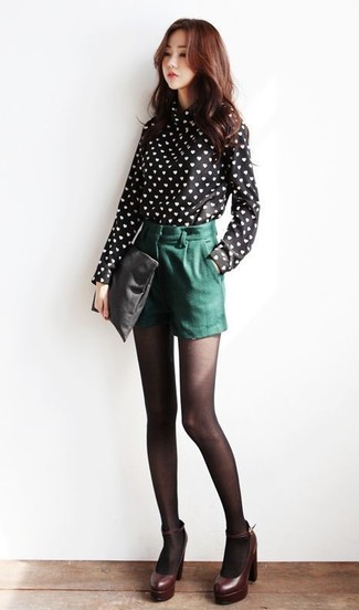 Women's Black and White Print Long Sleeve Blouse, Dark Green Shorts, Burgundy Leather Pumps, Black Leather Clutch