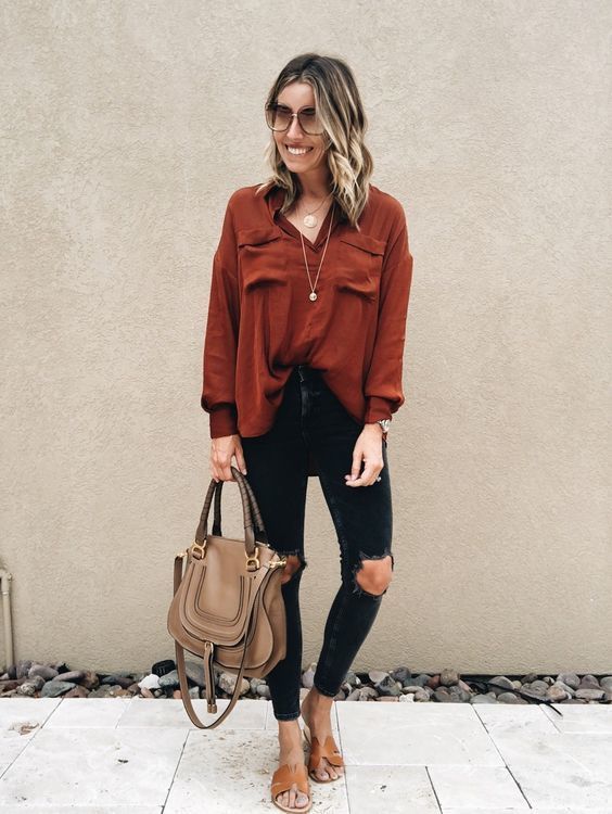 Women's Red Long Sleeve Blouse, Black Ripped Skinny Jeans, Brown Leather  Flat Sandals, Brown Leather Satchel Bag