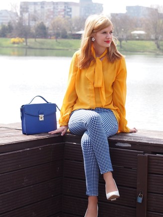 Women's Yellow Long Sleeve Blouse, White and Blue Check Skinny Pants, White Leather Pumps, Blue Leather Satchel Bag