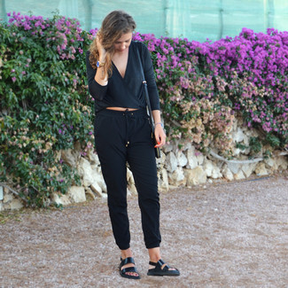 Women's Black Long Sleeve Blouse, Black Tapered Pants, Black Leather Flat Sandals, Black Leather Crossbody Bag