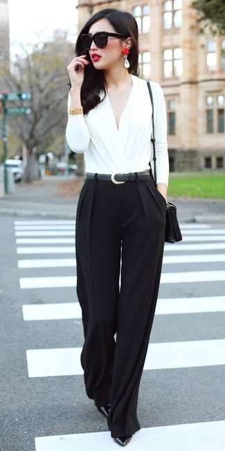 Women's White Long Sleeve Blouse, Black Wide Leg Pants, Black Leather Pumps, Black Leather Crossbody Bag
