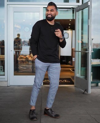 Charcoal Leather Derby Shoes Outfits: One of the most popular ways for a man to style a black long sleeve henley shirt is to pair it with grey plaid chinos for a casual look. For a more sophisticated feel, why not add a pair of charcoal leather derby shoes to the equation?