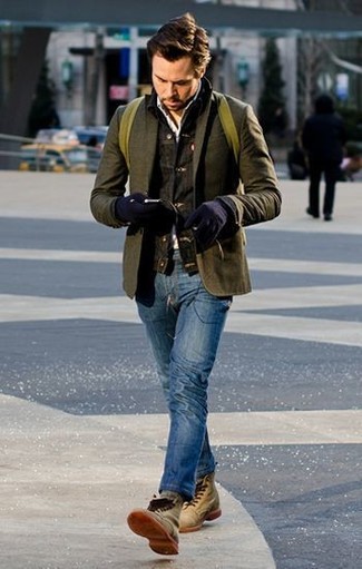 Men's Blue Jeans, White Long Sleeve Shirt, Olive Wool Blazer, Charcoal Denim Jacket