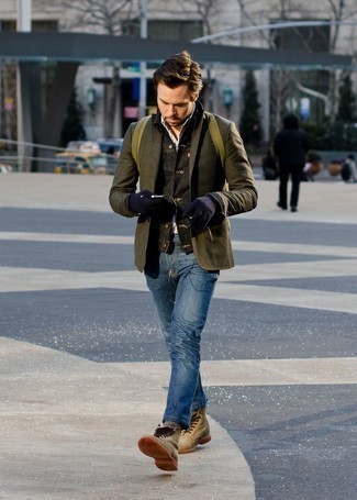 Olive Suede Casual Boots Outfits For Men: 
