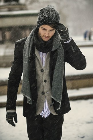 Men's Black Jeans, White and Red Vertical Striped Long Sleeve Shirt, Brown Wool Blazer, Black Pea Coat