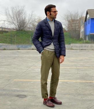 Men's Olive Chinos, Blue Long Sleeve Shirt, Grey Cable Sweater, Navy Quilted Blazer
