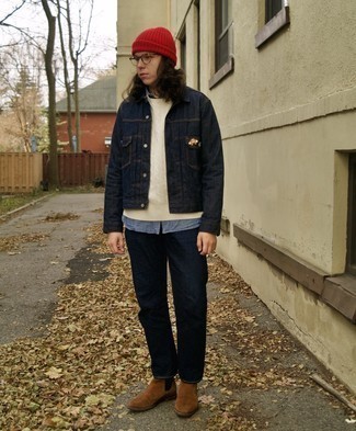 Men's Navy Jeans, Light Blue Chambray Long Sleeve Shirt, White Cable Sweater, Navy Denim Jacket