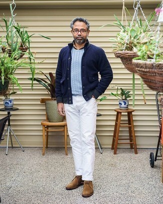 Men's White Jeans, Tan Long Sleeve Shirt, Light Blue Cable Sweater, Navy Wool Field Jacket