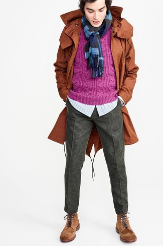 Men's Charcoal Wool Dress Pants, Light Blue Vertical Striped Long Sleeve Shirt, Purple Cable Sweater, Tobacco Fishtail Parka