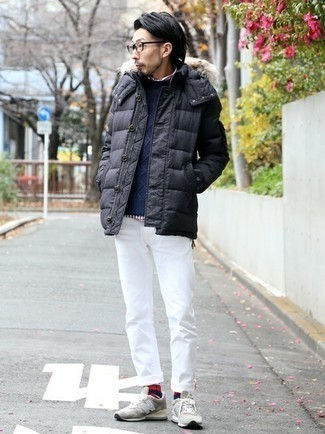 Men's White Chinos, White and Red Vertical Striped Long Sleeve Shirt, Navy Cable Sweater, Charcoal Puffer Jacket