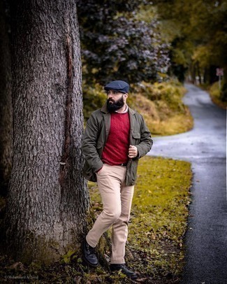 Men's Beige Chinos, Pink Long Sleeve Shirt, Red Cable Sweater, Dark Brown Shirt Jacket