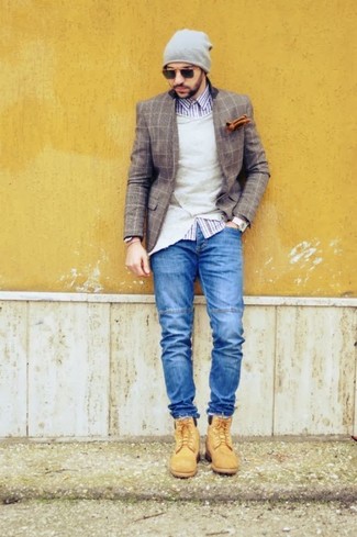 Men's Blue Jeans, White and Navy Gingham Long Sleeve Shirt, Beige Cardigan, Brown Check Wool Blazer