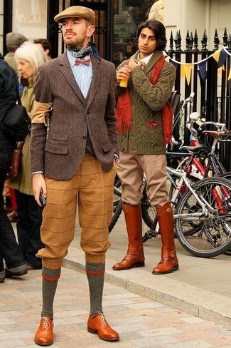 Brown Plaid Wool Dress Pants Outfits For Men: 