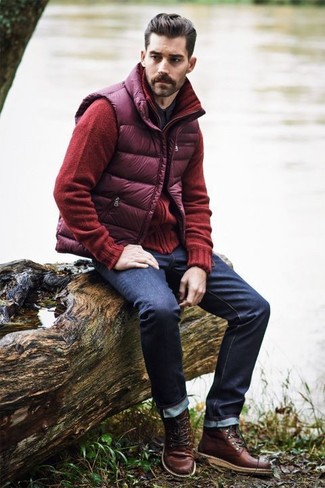 Men's Navy Jeans, Black Long Sleeve Shirt, Red Cardigan, Purple Quilted Gilet
