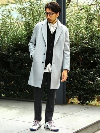 Men's Charcoal Wool Chinos, White Vertical Striped Long Sleeve Shirt, Black Cardigan, Grey Overcoat