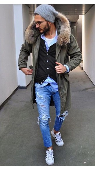 White Low Top Sneakers Winter Outfits For Men: 