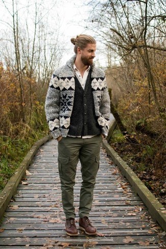 Grey Fair Isle Shawl Cardigan Outfits For Men: 