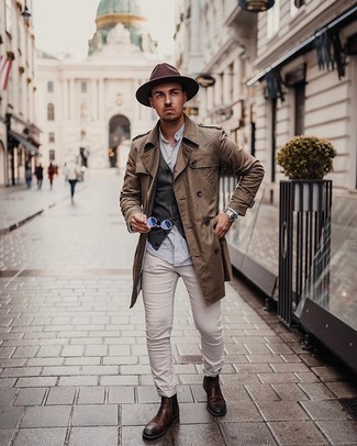 Men's Beige Chinos, White and Blue Vertical Striped Long Sleeve Shirt, Charcoal Cardigan, Brown Trenchcoat