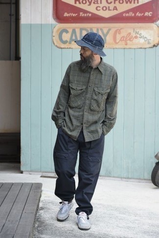 Navy Denim Bucket Hat Outfits For Men: A dark green plaid long sleeve shirt and a navy denim bucket hat paired together are a savvy match. Add a pair of grey athletic shoes to your ensemble to immediately turn up the fashion factor of this look.