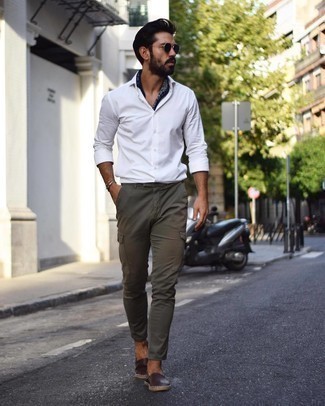 Dark Brown Leather Espadrilles Outfits For Men: A white long sleeve shirt and olive cargo pants are worth being on your list of menswear essentials. Dark brown leather espadrilles integrate perfectly within a ton of combinations.