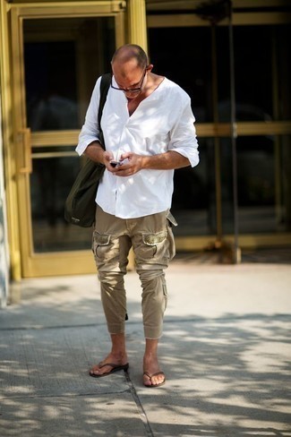 Men's White Long Sleeve Shirt, Khaki Cargo Pants, Brown Leather Flip Flops, Olive Canvas Tote Bag