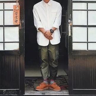 Men's White Long Sleeve Shirt, Olive Cargo Pants, Tobacco Suede Low Top Sneakers, Black Watch