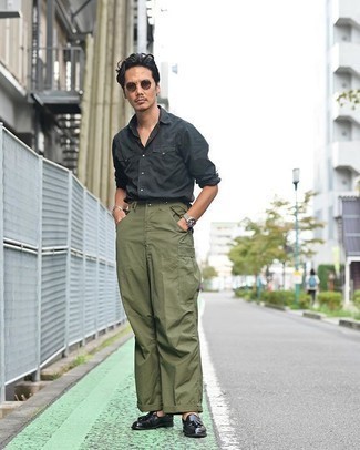 Men's Charcoal Long Sleeve Shirt, Olive Cargo Pants, Black Leather Tassel Loafers, Dark Brown Sunglasses