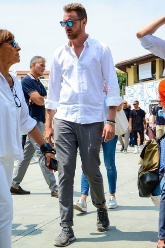 Men's White Long Sleeve Shirt, Grey Chinos, Grey Athletic Shoes, Aquamarine Sunglasses