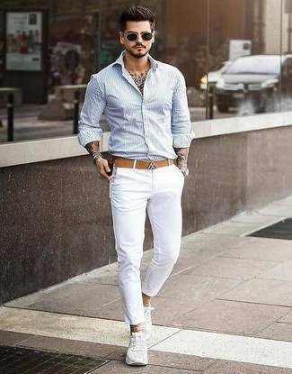 Men's White and Blue Vertical Striped Long Sleeve Shirt, White Chinos, White Athletic Shoes, Tan Leather Belt