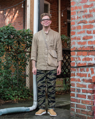 Olive Camouflage Chinos Outfits: For a casual and cool look, try pairing a tan linen long sleeve shirt with olive camouflage chinos — these two items play beautifully together. Take this ensemble in a more laid-back direction by wearing tan athletic shoes.