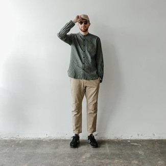 Dark Green Vertical Striped Long Sleeve Shirt Outfits For Men: To create an off-duty ensemble with a contemporary spin, you can opt for a dark green vertical striped long sleeve shirt and khaki chinos. Puzzled as to how to finish off? Add black and white athletic shoes to the equation to spice things up.