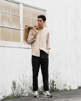 Men's Beige Long Sleeve Shirt, Black Chinos, White and Black Athletic Shoes, Tan Canvas Tote Bag