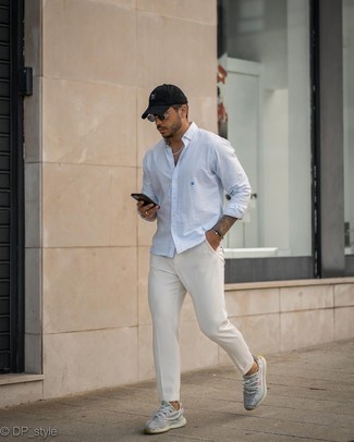 White Chinos Outfits: Exhibit your expertise in menswear styling in this casual combination of a light blue vertical striped long sleeve shirt and white chinos. Puzzled as to how to round off? Complement this outfit with grey athletic shoes to switch things up.