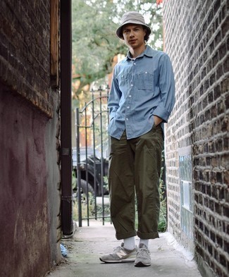 Men's Light Blue Chambray Long Sleeve Shirt, Olive Chinos, Grey Athletic Shoes, Grey Bucket Hat