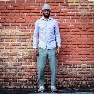 Mint Chinos Outfits: A light blue long sleeve shirt and mint chinos are a nice pairing to keep in your current off-duty collection. Balance out this ensemble with a more relaxed kind of shoes, like this pair of grey athletic shoes.