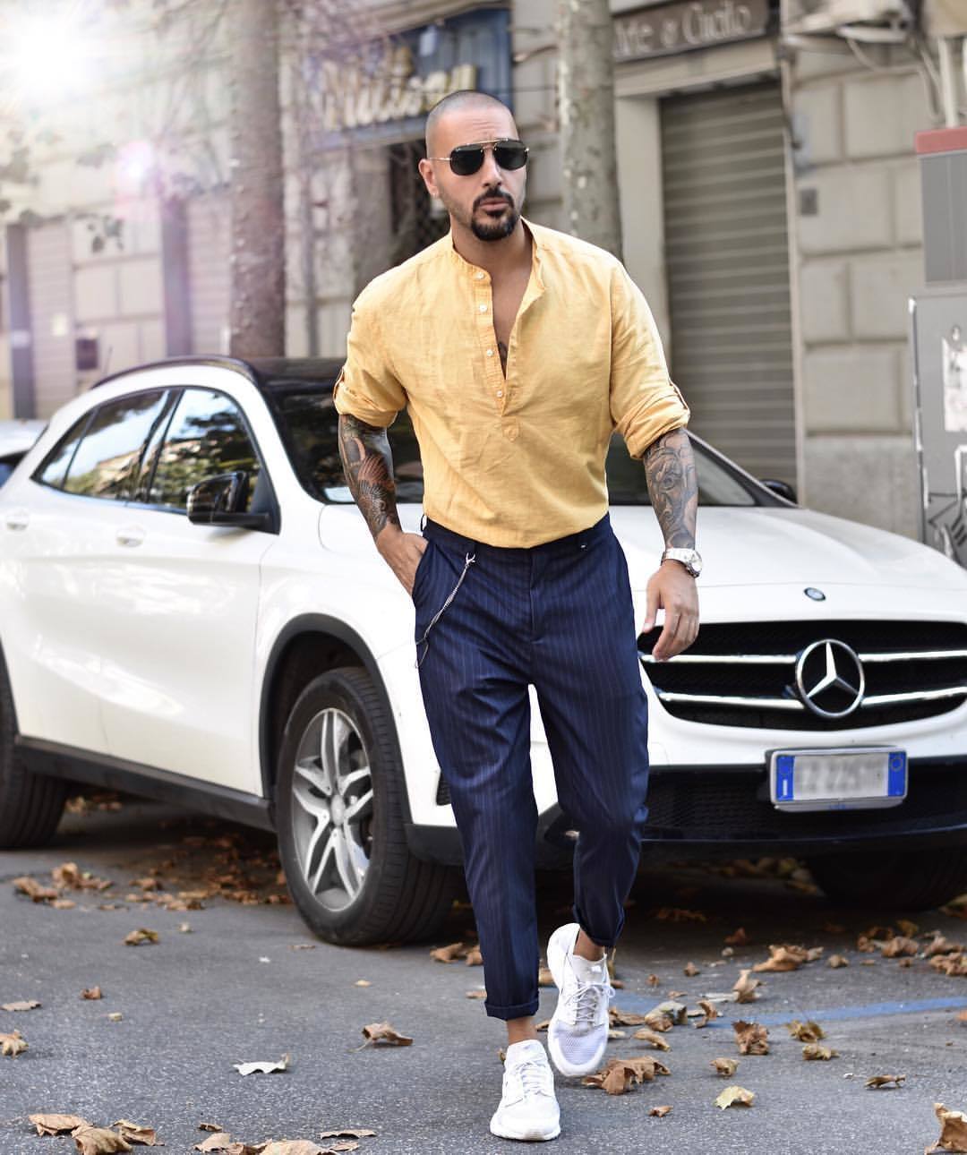 Men's Yellow Linen Long Sleeve Shirt, Navy Vertical Striped Chinos, White  Athletic Shoes, Black Sunglasses | Lookastic