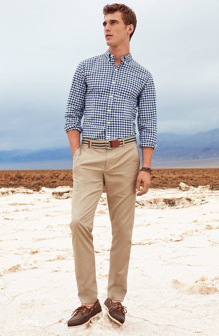 Men'S Navy And White Gingham Long Sleeve Shirt, Khaki Chinos, Dark Brown  Leather Boat Shoes, Tan Horizontal Striped Canvas Belt | Lookastic