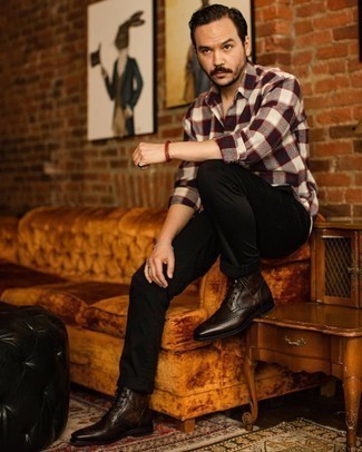 Dark Brown Leather Brogue Boots Outfits: When comfort is a must, this pairing of a burgundy gingham flannel long sleeve shirt and black chinos is a winner. For something more on the classy end to finish your ensemble, complement this ensemble with dark brown leather brogue boots.