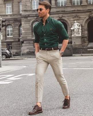 Dark Green Long Sleeve Shirt Outfits For Men: On days when comfort is prized, pair a dark green long sleeve shirt with beige chinos. Finishing off with dark brown leather brogues is a guaranteed way to give a hint of refinement to your ensemble.