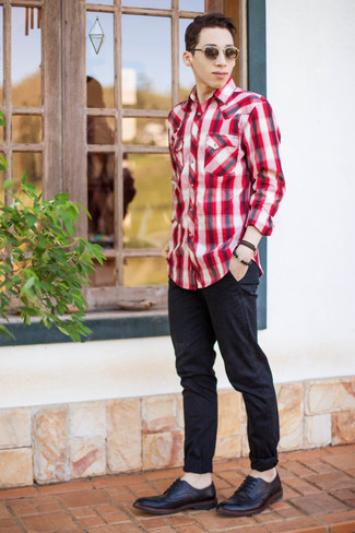 Men's Red and White Plaid Long Sleeve Shirt, Black Chinos, Black Leather Brogues, Black Leather Belt