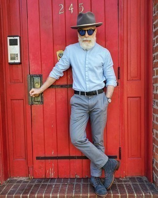 Men's Light Blue Long Sleeve Shirt, Grey Chinos, Navy Suede Casual Boots, Charcoal Wool Hat