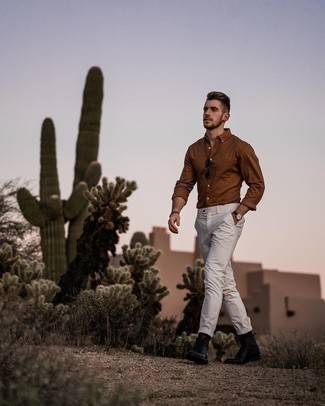Brown Long Sleeve Shirt Outfits For Men: If it's comfort and practicality that you love in a look, dress in a brown long sleeve shirt and white chinos. Switch up this look with a classier kind of footwear, such as this pair of black leather casual boots.