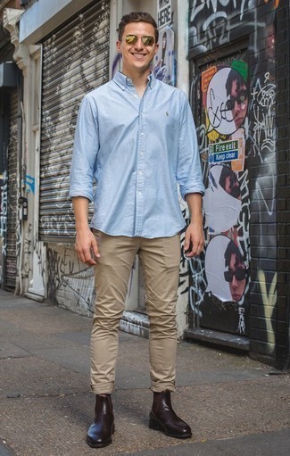 Light Blue Long Sleeve Shirt Outfits For Men: Marrying a light blue long sleeve shirt with khaki chinos is an awesome choice for a casually cool ensemble. Introduce a pair of burgundy leather chelsea boots to this ensemble to easily rev up the wow factor of any outfit.
