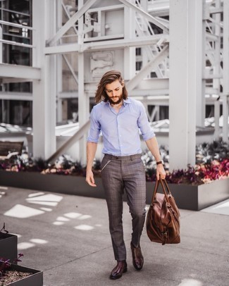 Brown Plaid Chinos Outfits: A light blue long sleeve shirt and brown plaid chinos are the kind of casual essentials that you can style a hundred of ways. Burgundy leather chelsea boots will put a more refined spin on this look.