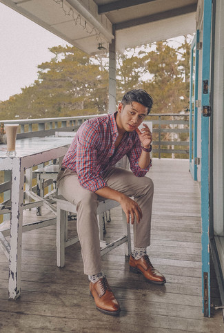 Brown Leather Derby Shoes Outfits: Opt for a white and red and navy plaid long sleeve shirt and beige chinos for comfort dressing with a modernized spin. Wondering how to complement your look? Finish off with a pair of brown leather derby shoes to amp it up a notch.