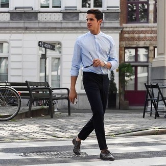 Dark Brown Derby Shoes Outfits: This relaxed pairing of a light blue long sleeve shirt and black chinos is ideal if you want to go about your day with confidence in your outfit. To give your overall ensemble a sleeker finish, introduce a pair of dark brown derby shoes to your look.