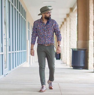 Olive Wool Hat Outfits For Men: For comfort dressing with an urban twist, you can go for a navy floral long sleeve shirt and an olive wool hat. Go ahead and complete your getup with grey suede derby shoes for an added dose of refinement.