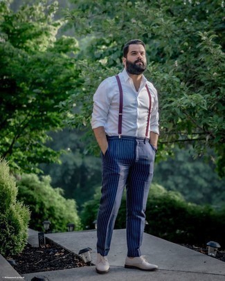Red Suspenders Outfits: This combination of a white long sleeve shirt and red suspenders is super easy to imitate and so comfortable to rock a version of as well! Take your outfit in a classier direction by wearing a pair of beige leather derby shoes.
