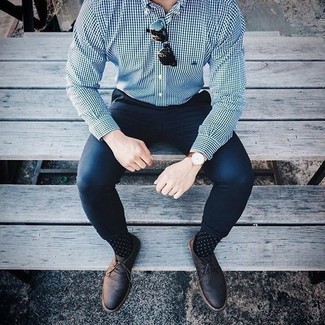 White Check Long Sleeve Shirt Outfits For Men: A white check long sleeve shirt and navy chinos are a combination that every modern gent should have in his casual styling collection. For a classier twist, introduce dark brown leather desert boots to your outfit.